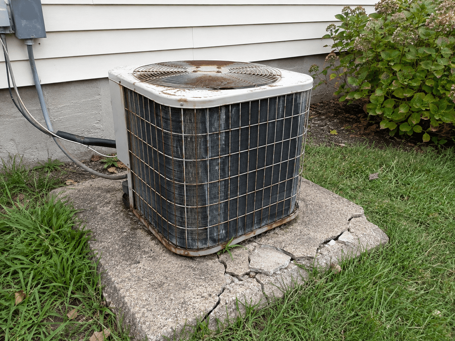 Old rusted AC condenser unit before replacement